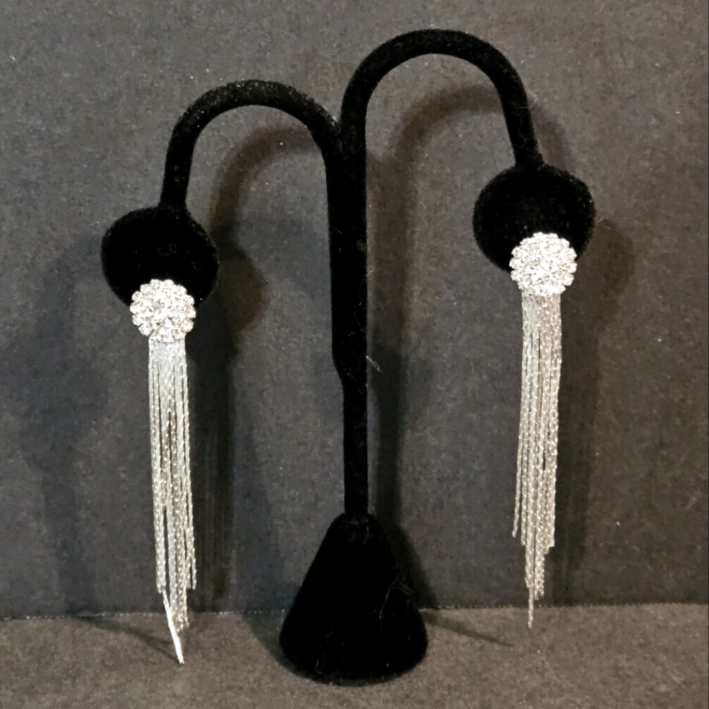 Rhinestone & Tassells Silver-tone Pierced Earrings